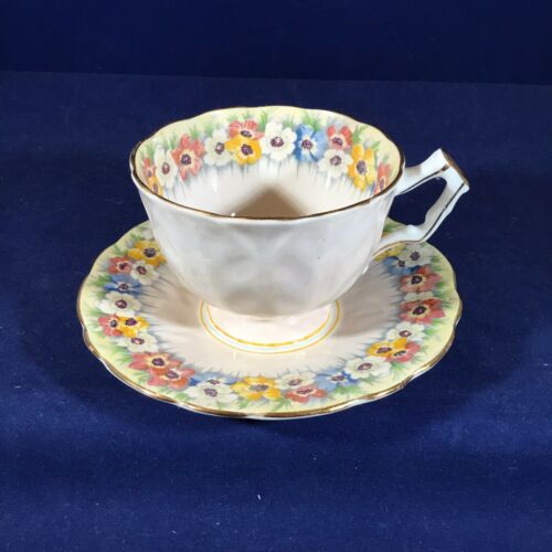 Aynsley English Bone China Peach Chintz Footed Cup & Saucer  #765788 Ca 1934-50s