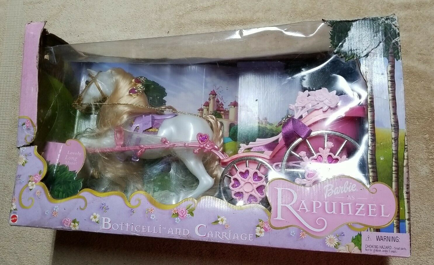 New Vintage 2001 Rapunzel Barbie Botticelli Horse & Carriage Read Damage Box